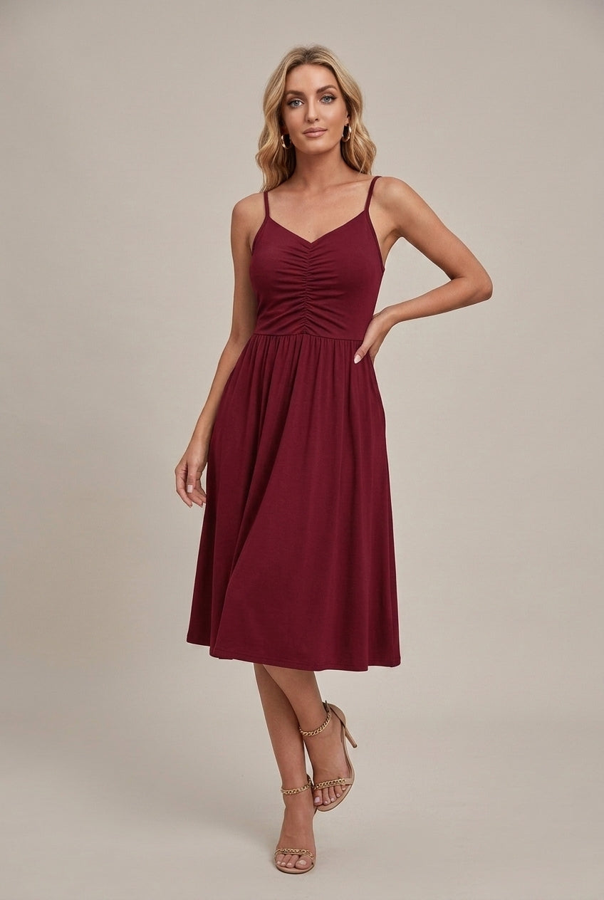 V-Neck Spaghetti Strap Ruched Fit and Flare Midi Dress 7