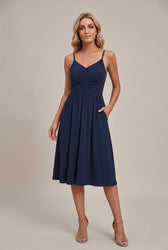 V-Neck Spaghetti Strap Ruched Fit and Flare Midi Dress 6