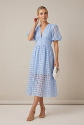 Check V-Neck Puff Sleeve Button Front Midi Dress 5