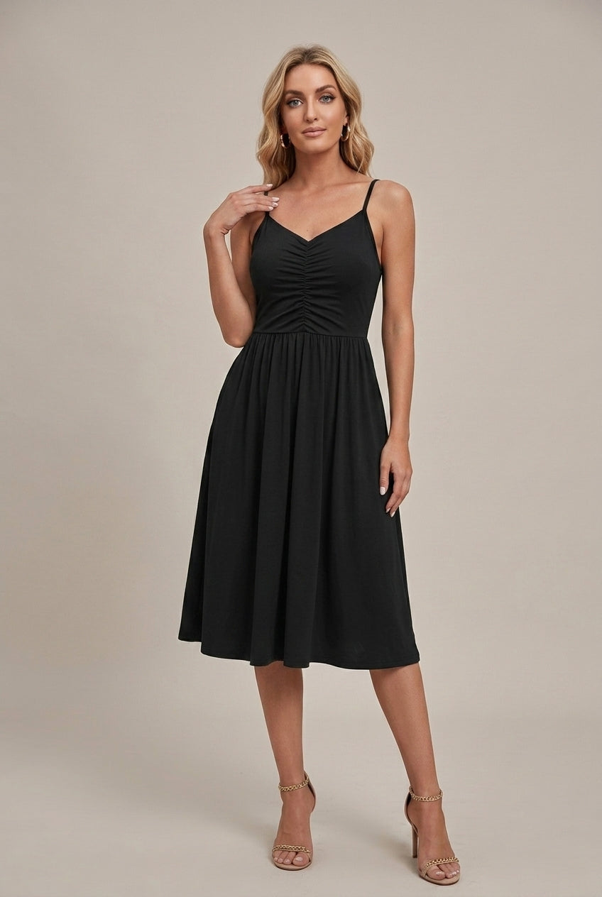 V-Neck Spaghetti Strap Ruched Fit and Flare Midi Dress 4