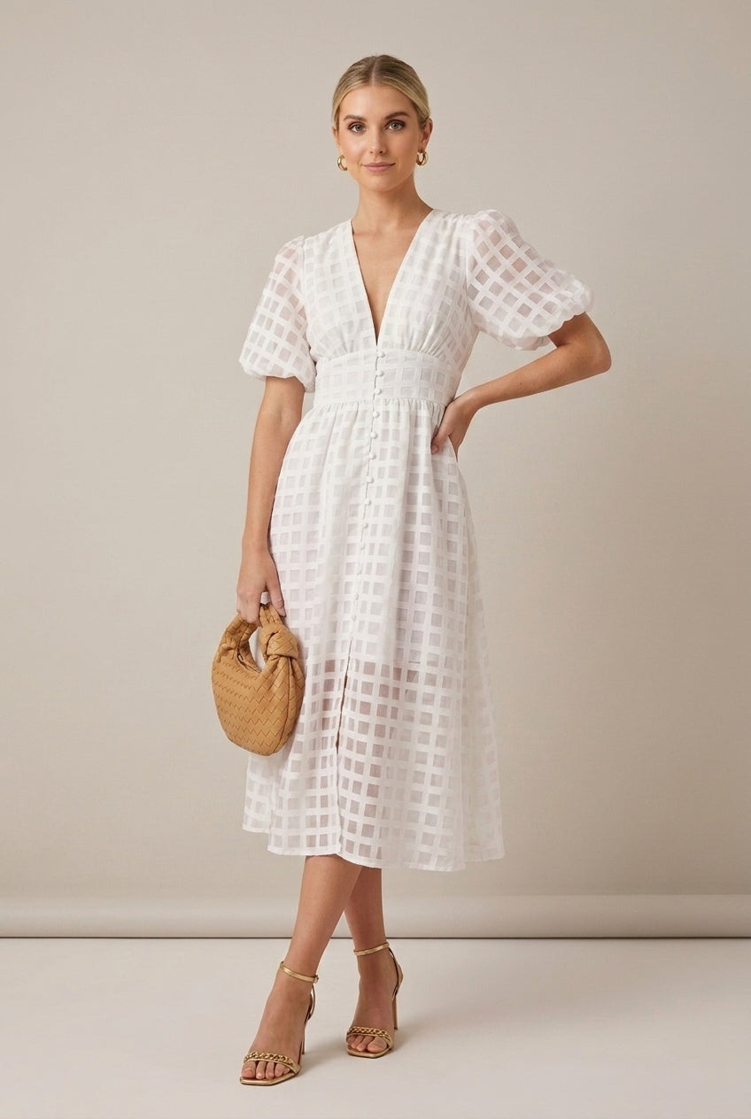 Check V-Neck Puff Sleeve Button Front Midi Dress 4