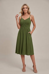 V-Neck Spaghetti Strap Ruched Fit and Flare Midi Dress 5