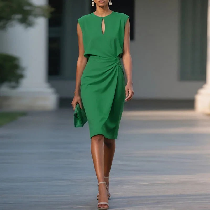 Keyhole Neck Sleeveless Ruched Waist Midi Dress