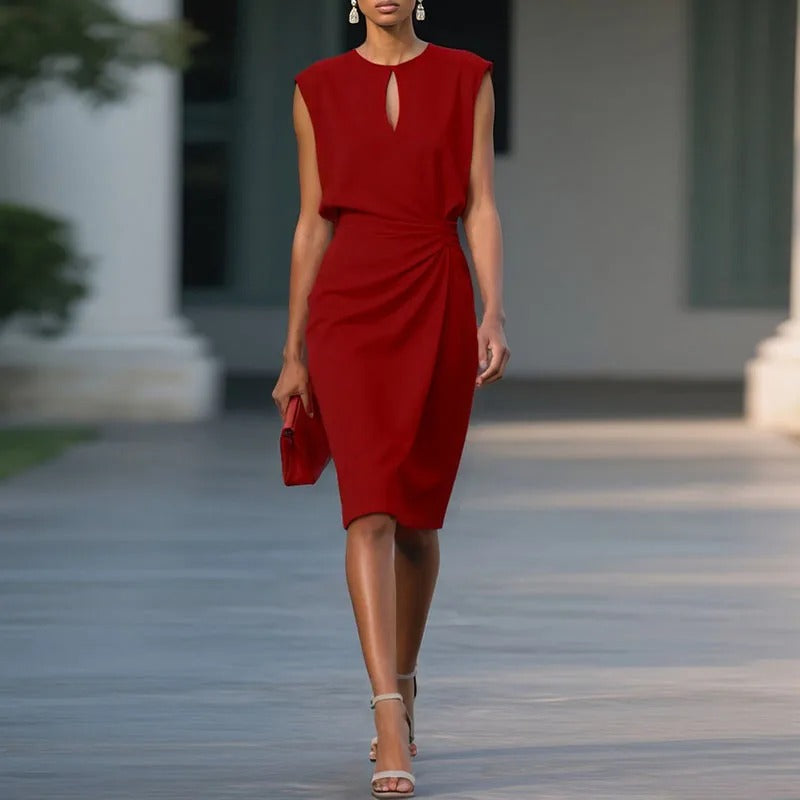 Keyhole Neck Sleeveless Ruched Waist Midi Dress