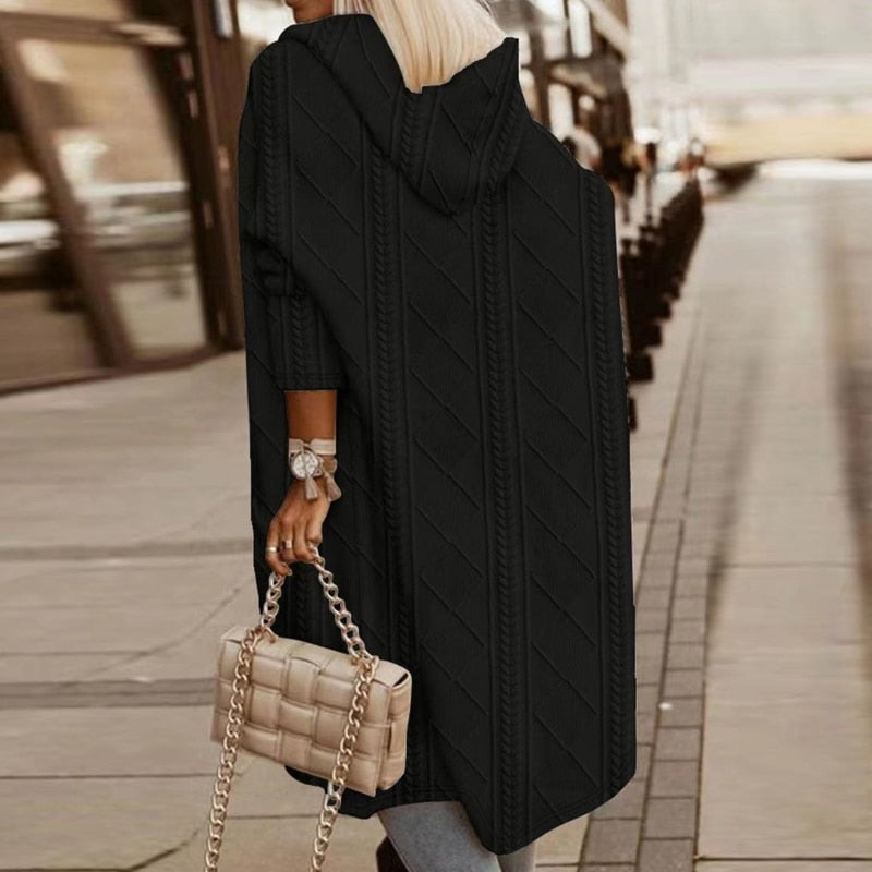 Hooded Cable Knit Longline Cardigan Coat