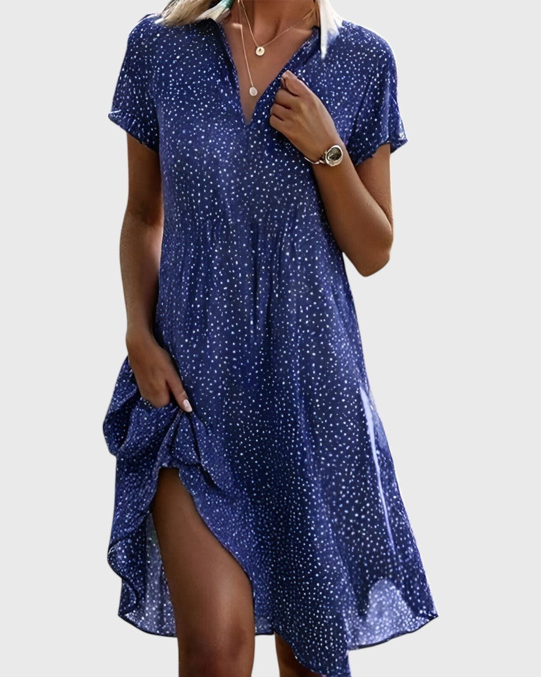 Spotted Print Collared Short Sleeve Tiered Midi Dress