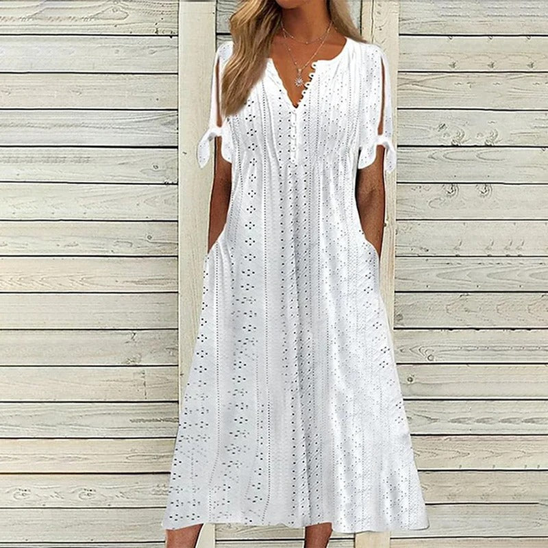 Eyelet V-Neck Button Down Tie Cuff Pocket Midi Summer Dress