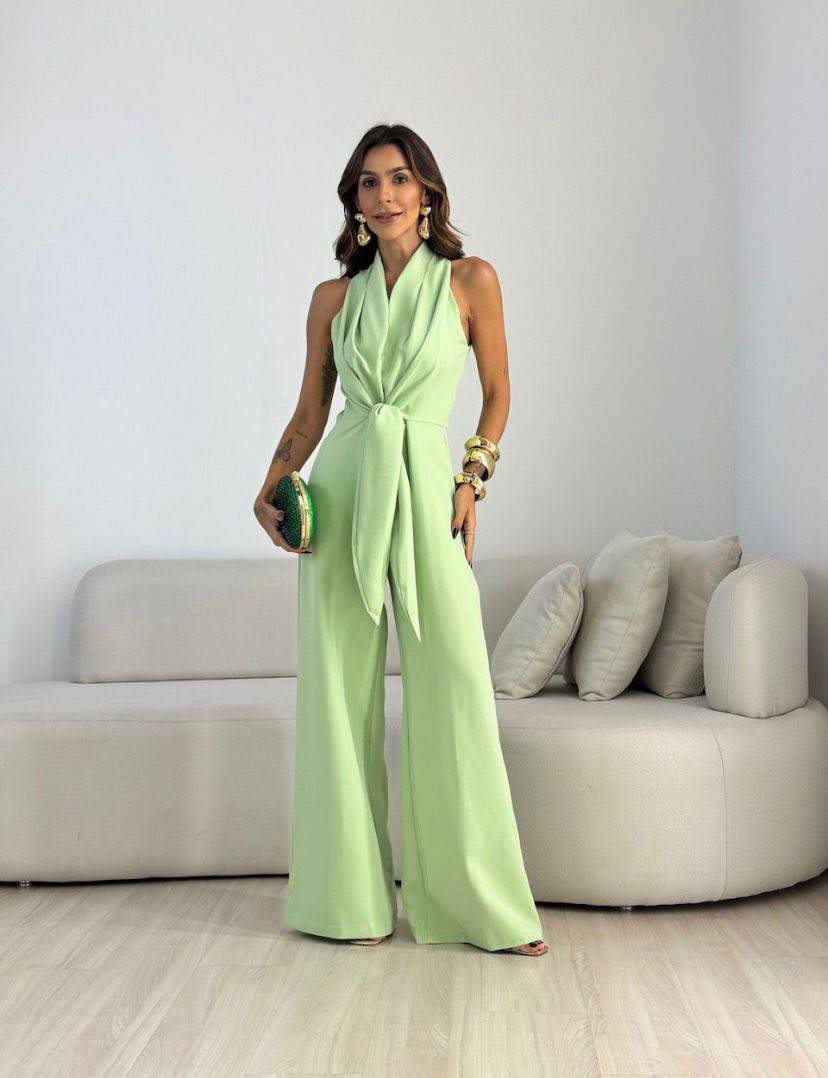 Halter Neck Tie Front Wide Leg Jumpsuit