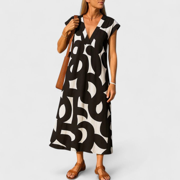 Geometric Print V-Neck Cap Sleeve A-Line Maxi Dress