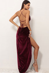 Velvet Cowl Neck High Slit Backless Slip Maxi Dress - Burgundy 4