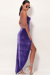 Velvet Cowl Neck High Slit Backless Slip Maxi Dress - Purple 3