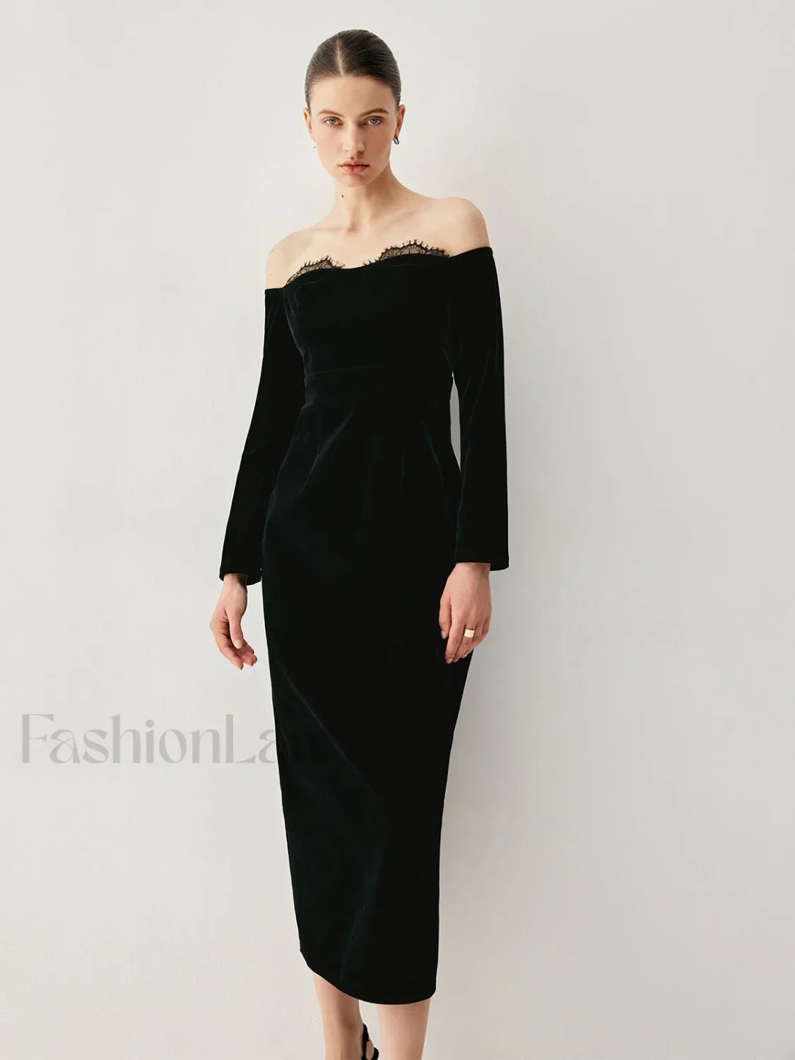 Velvet Off-shoulder Patchwork Trendy Slit Midi Dress