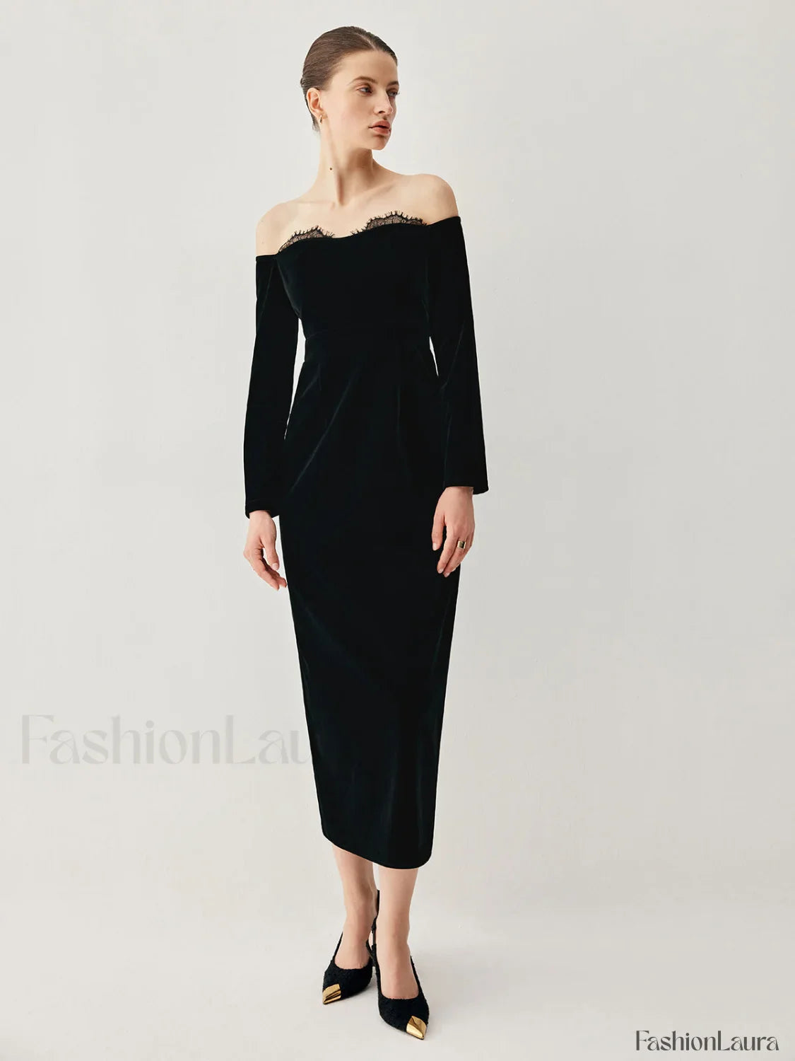 Velvet Off-shoulder Patchwork Trendy Slit Midi Dress