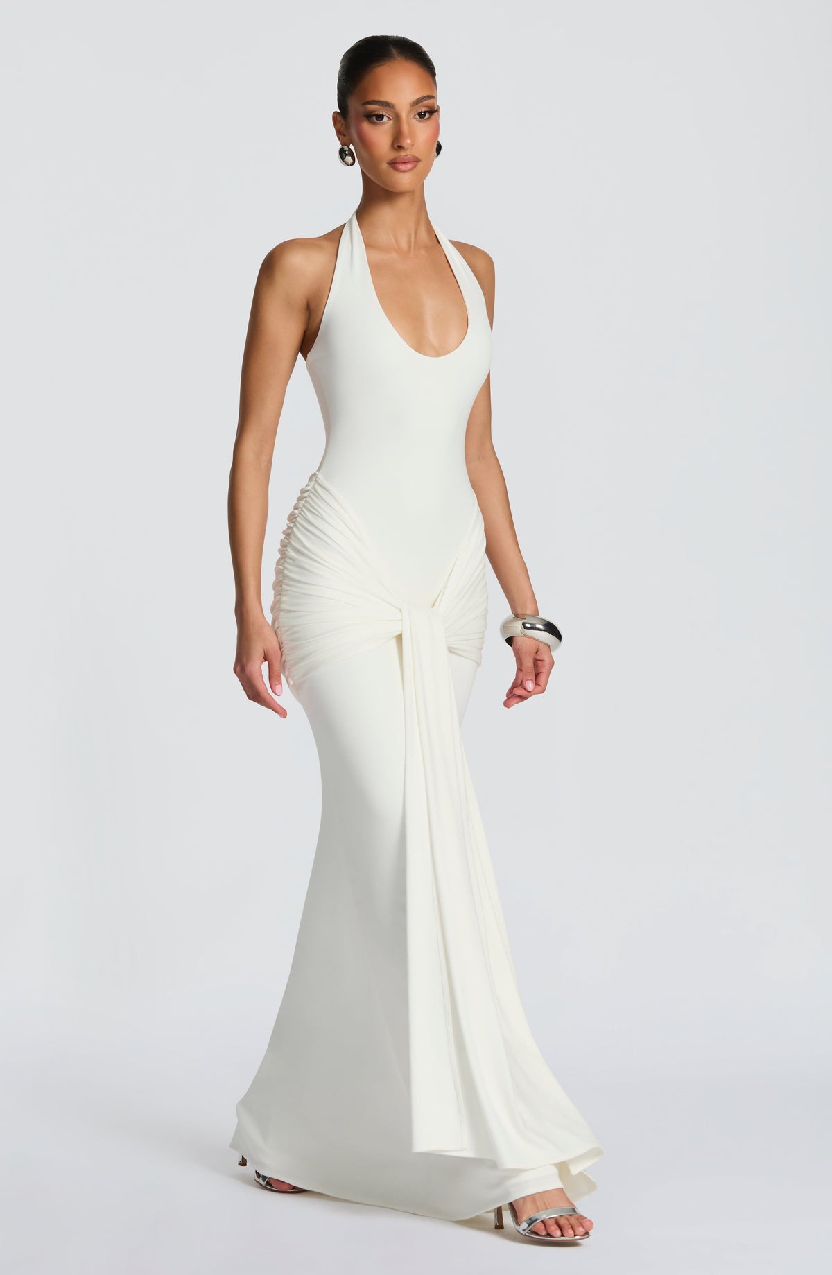 Halter Neck Scoop Front Draped Tie Waist Maxi Dress 3