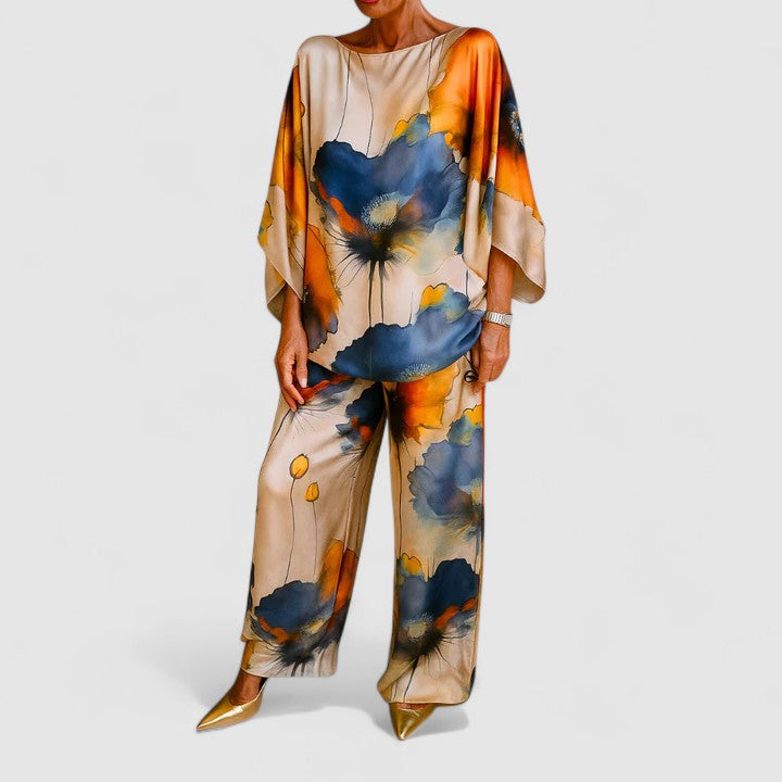 Floral Batwing Sleeve Top and Wide Leg Pants Two Piece Set