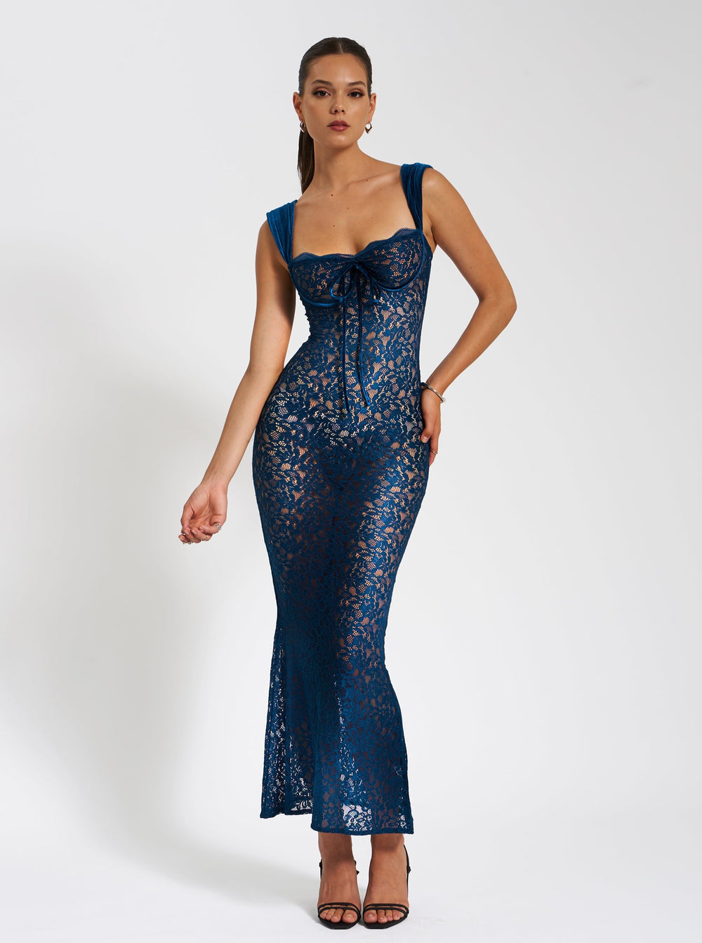 Sheer Lace Sweetheart Wide Strap Bodycon Maxi Dress 33