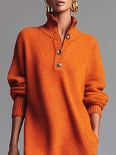 Knit High Neck Long Sleeve Button Shift Midi Dress 2