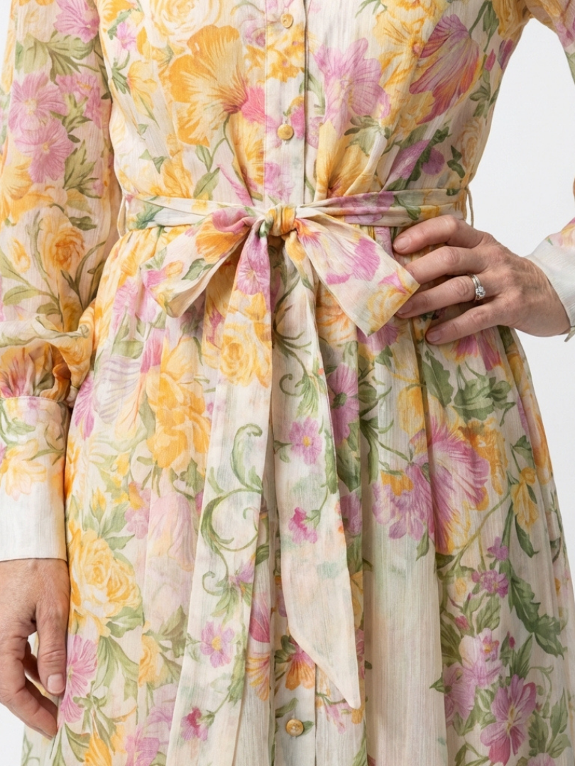 Floral Long Sleeve Button Front Belted Sheer Maxi Dress