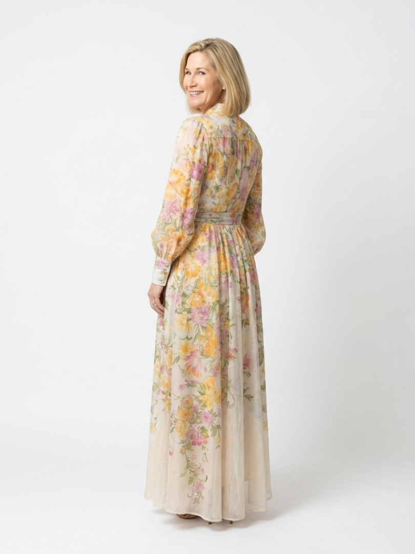 Floral Long Sleeve Button Front Belted Sheer Maxi Dress