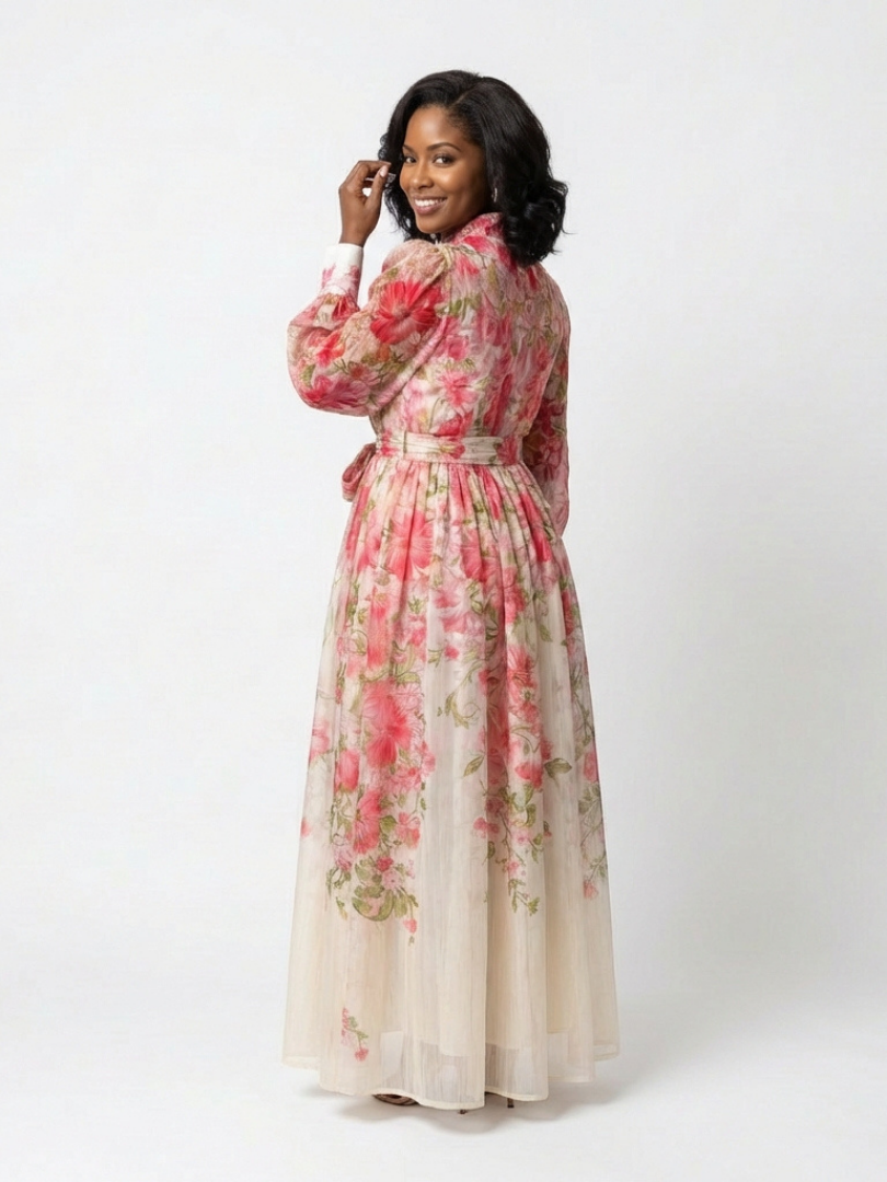 Floral Long Sleeve Button Front Belted Sheer Maxi Dress