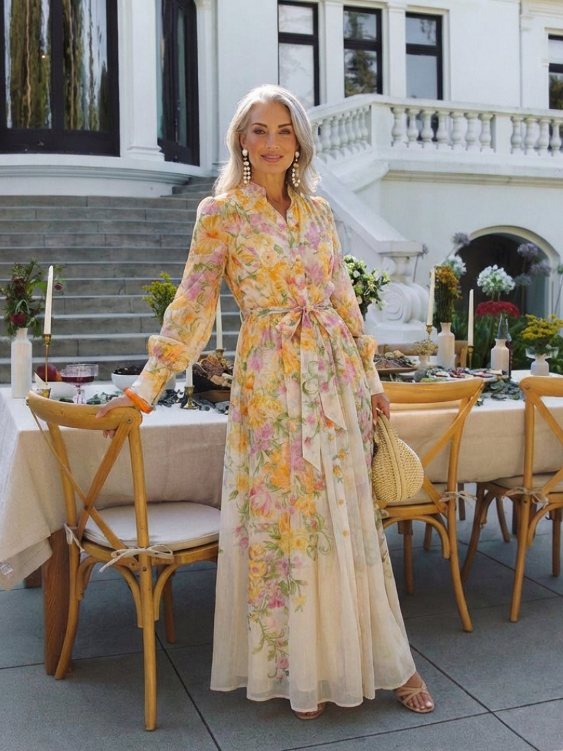 Floral Long Sleeve Button Front Belted Sheer Maxi Dress