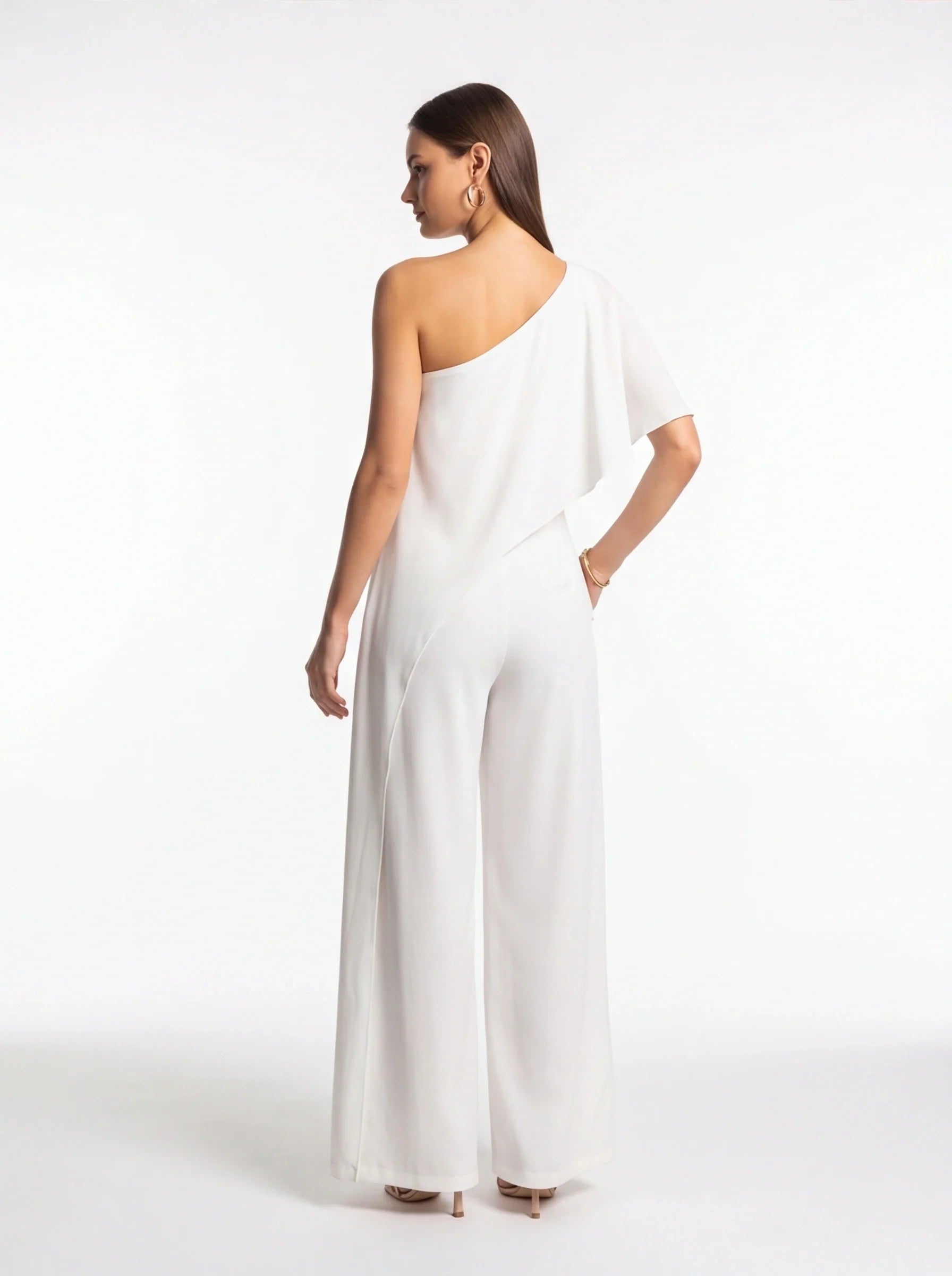 White One-Shoulder Wide-Leg Jumpsuit with Draped Overlay Elegant Evening Outfit with Pockets and Adjustable Straps