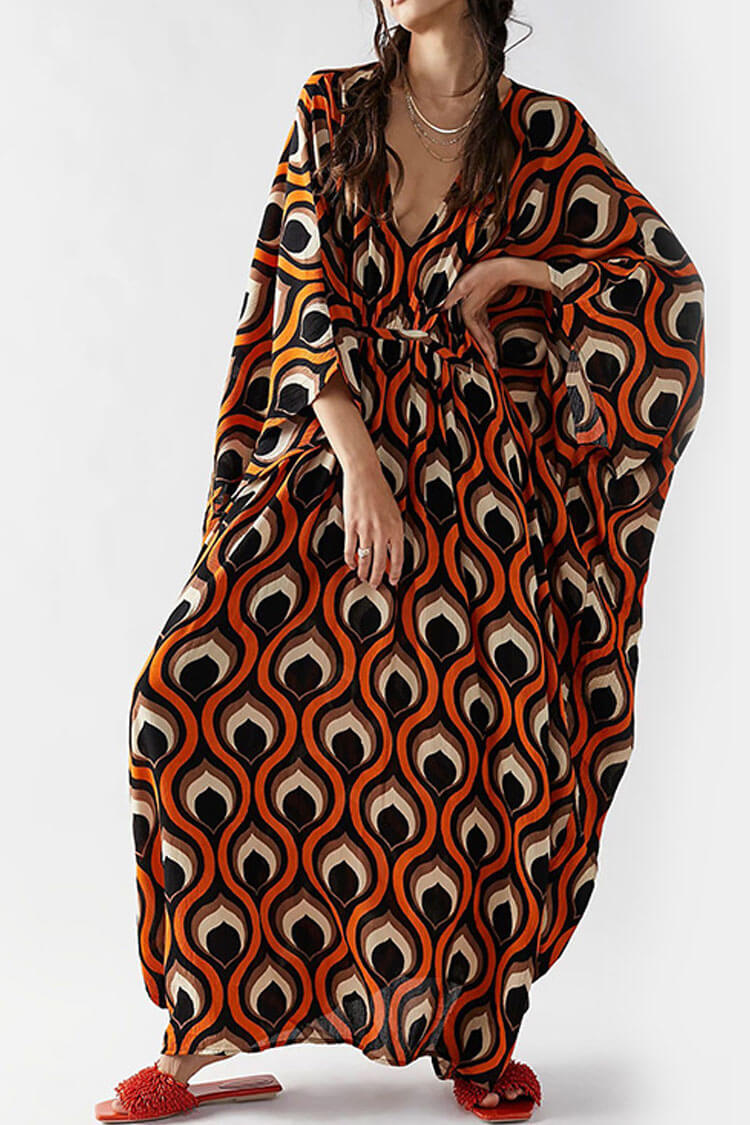 Vibrant Print V Neck Dolman Sleeve Oversized Beach Vacation Maxi Dress