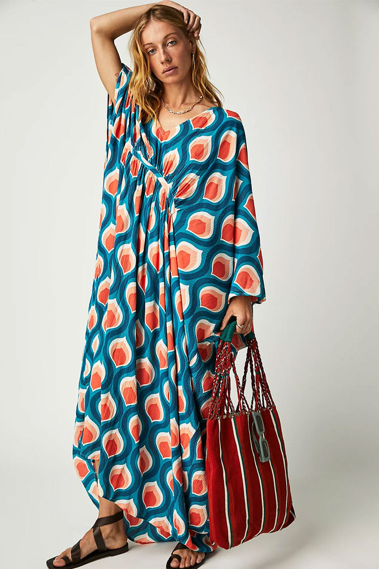 Vibrant Print V Neck Dolman Sleeve Oversized Beach Vacation Maxi Dress