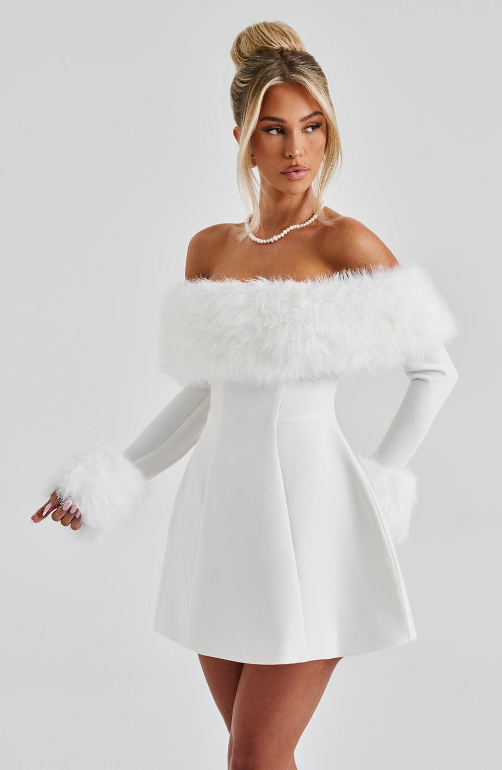 Faux Fur Trim Off Shoulder Long Sleeve Flared Mini Dress 9