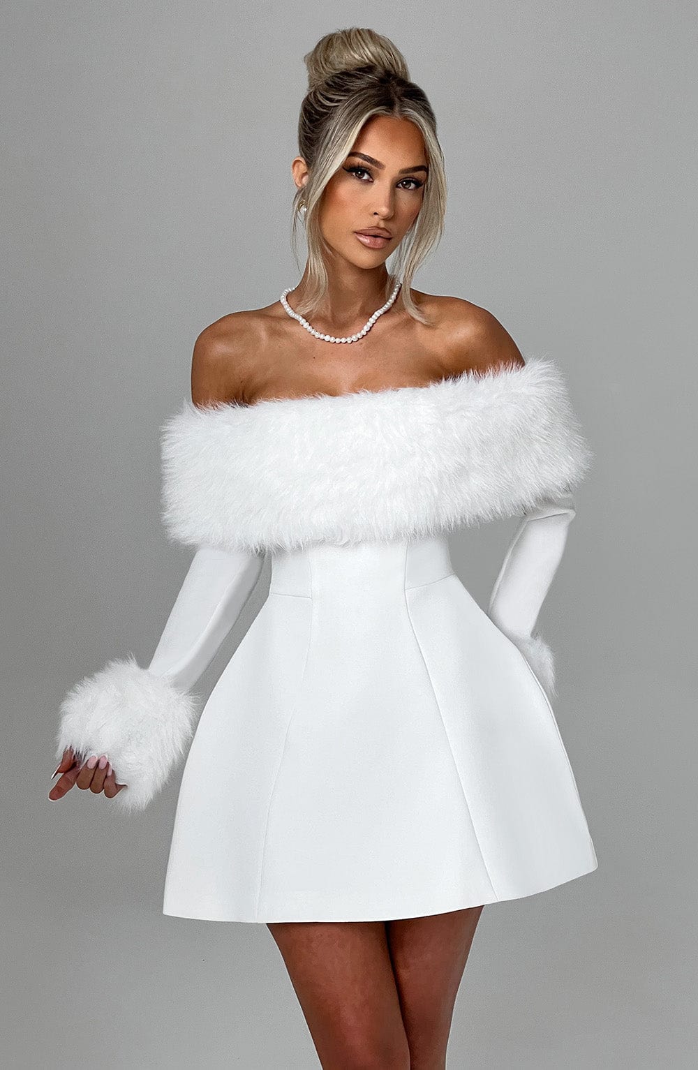 Faux Fur Trim Off Shoulder Long Sleeve Flared Mini Dress