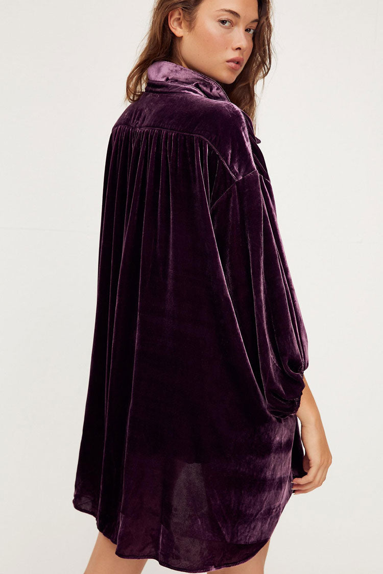 Vintage Bishop Sleeve Button Up Velvet High Low Shirt Dress - Purple 2