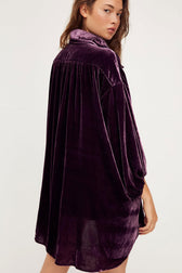 Vintage Bishop Sleeve Button Up Velvet High Low Shirt Dress - Purple 2