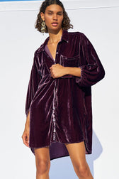 Vintage Bishop Sleeve Button Up Velvet High Low Shirt Dress - Purple 4
