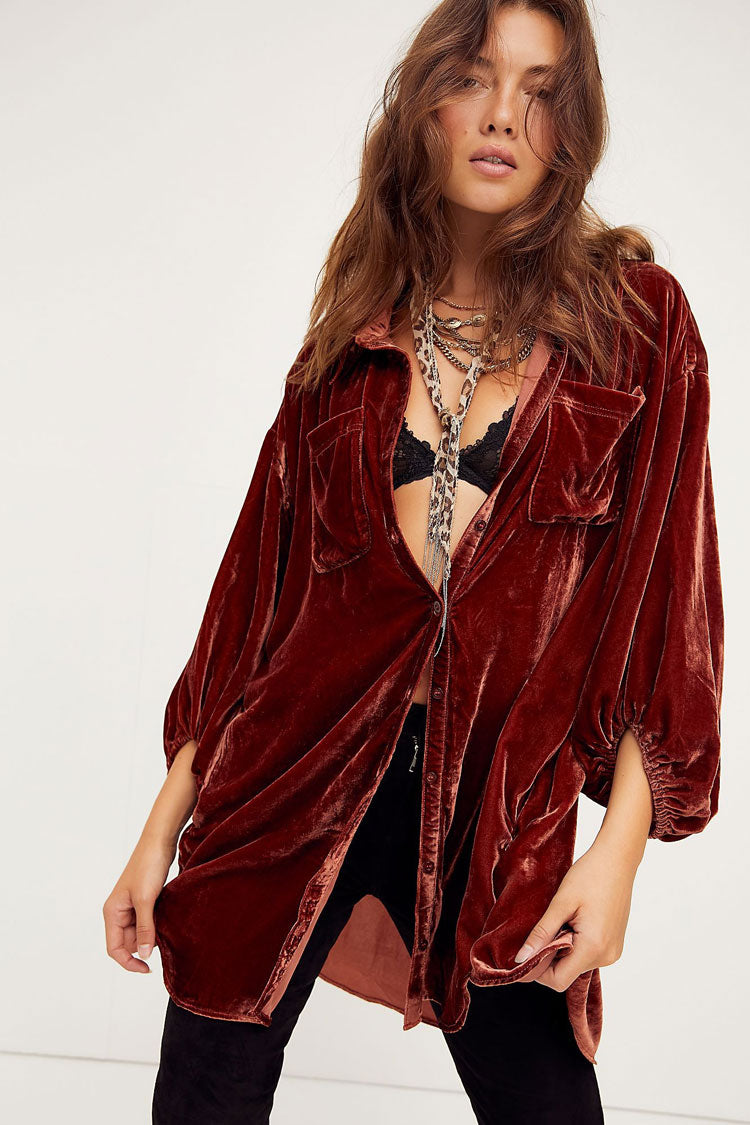 Velvet Collared Button Front Balloon Sleeve High Low Oversized Shirt
