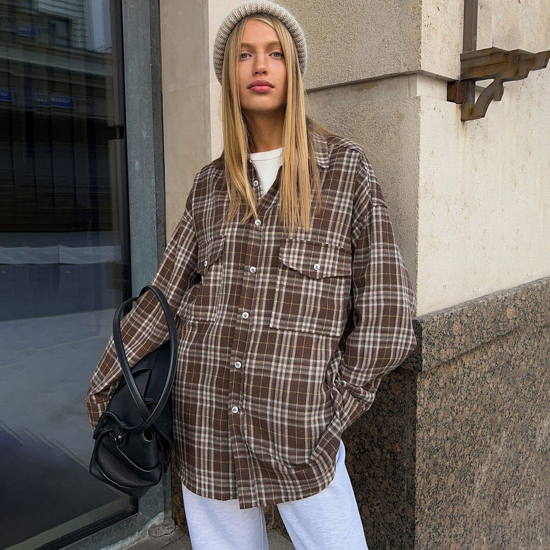 Vintage Collared Cargo Pocket Button Down Long Oversize Plaid Print Shirt