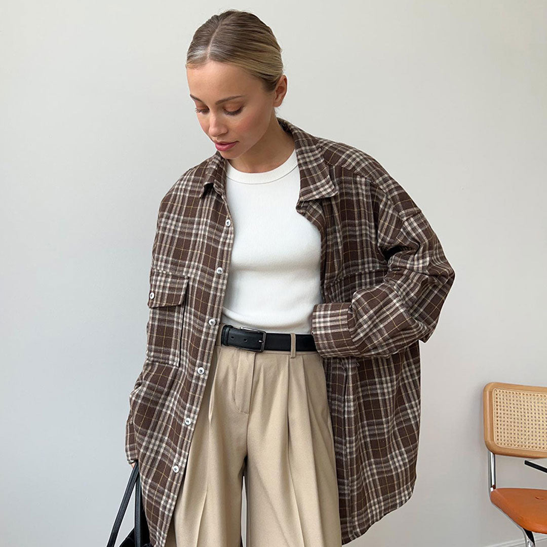 Vintage Collared Cargo Pocket Button Down Long Oversize Plaid Print Shirt