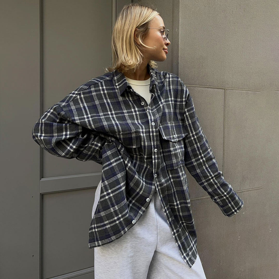 Vintage Collared Cargo Pocket Button Down Long Oversize Plaid Print Shirt