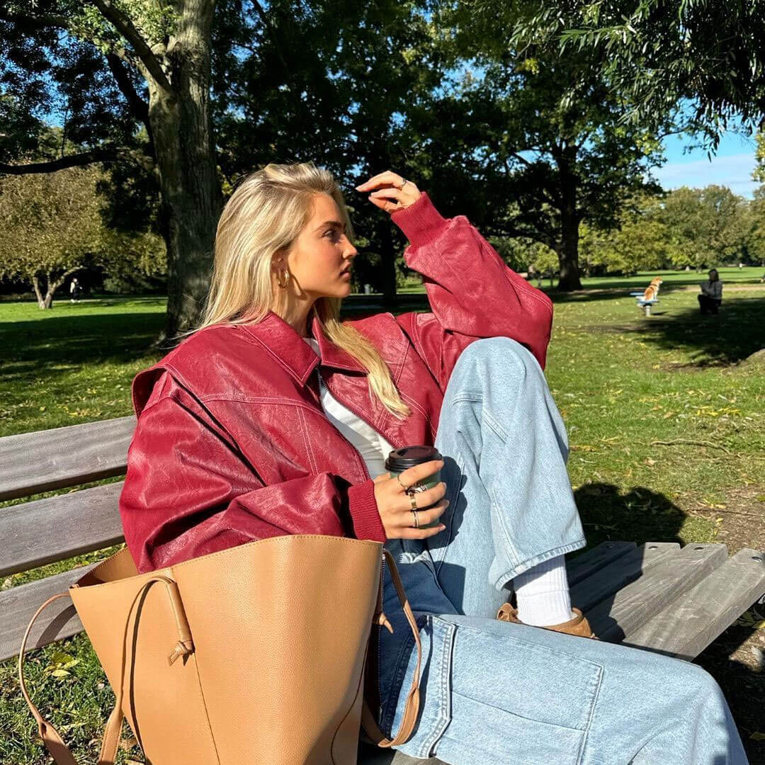 Vintage Collared Zip Up Contrast Stitch Oversized Faux Leather Jacket