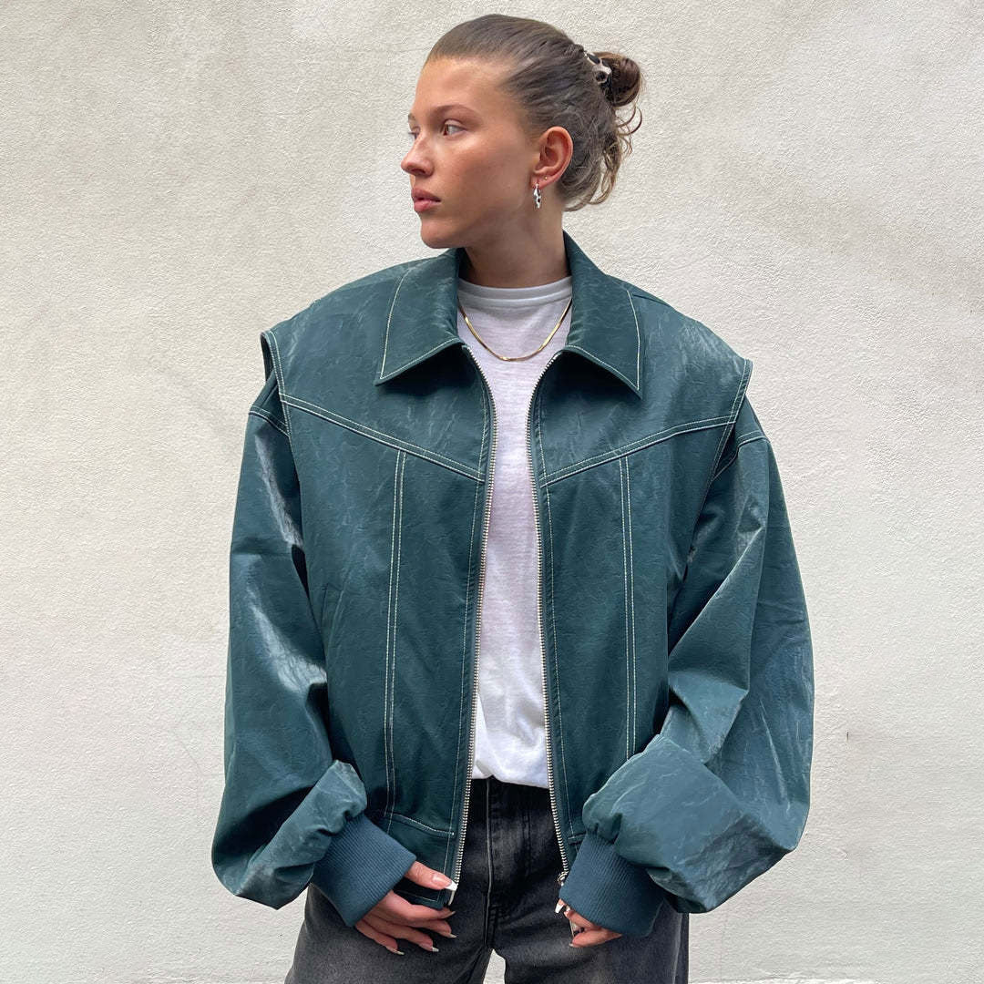 Vintage Collared Zip Up Contrast Stitch Oversized Faux Leather Jacket