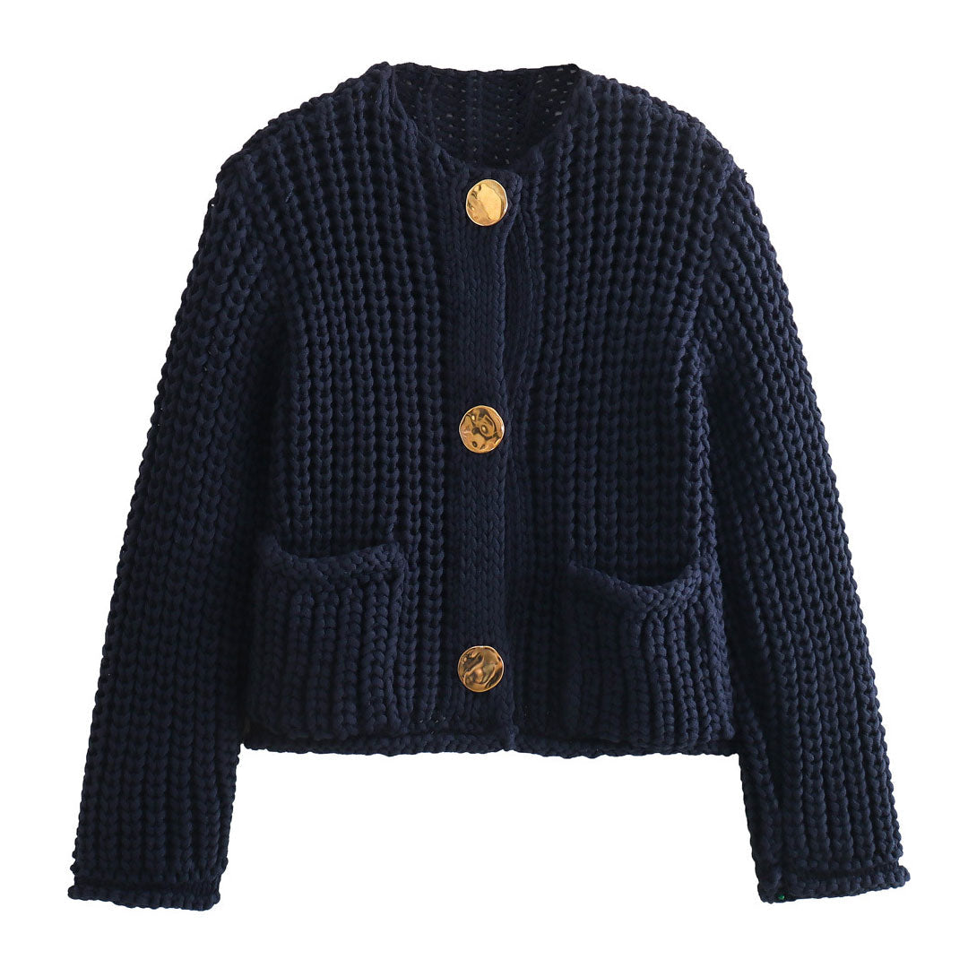 Vintage Crew Neck Gold Button Long Sleeve Chunky Cable Knit Cardigan