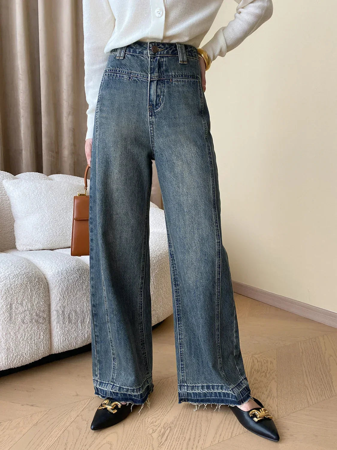 Vintage Denim Button Trendy Wide Leg Jeans Blue / XS Jeans