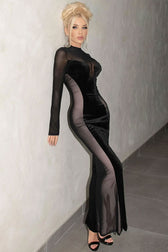 Vintage Fishtail Long Sleeve Velvet Mesh Panel Sheer Maxi Dress - Black 2