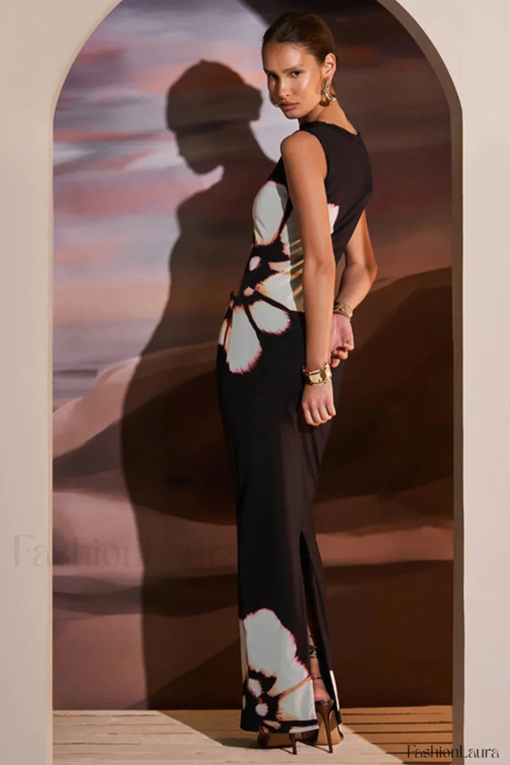 Vintage Floral Sleeveless Cutout Bodycon Maxi Dress