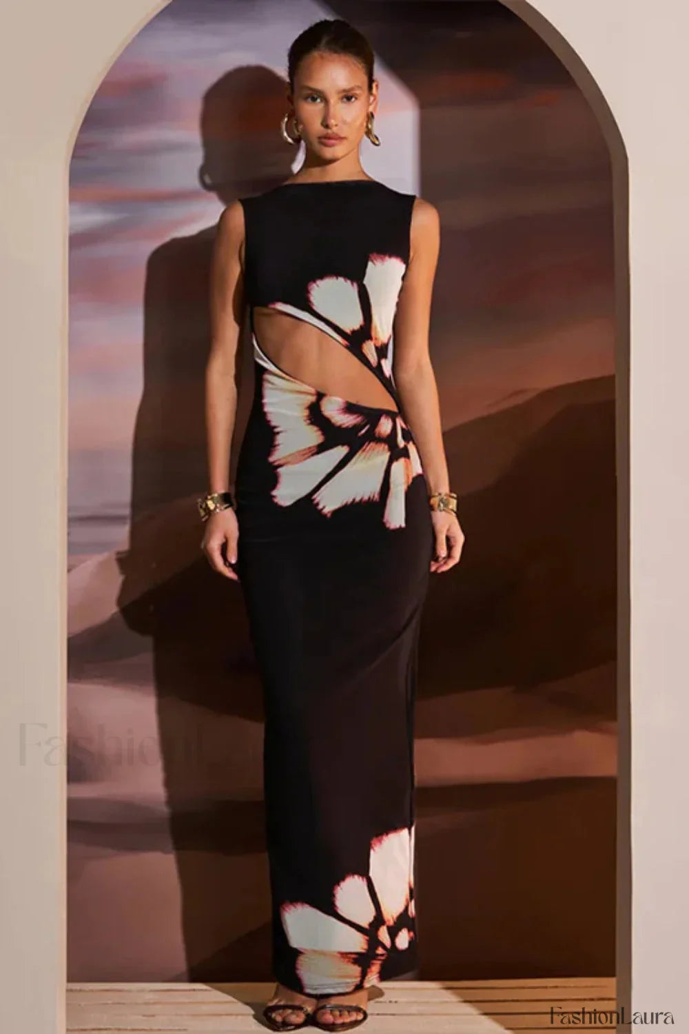 Vintage Floral Sleeveless Cutout Bodycon Maxi Dress