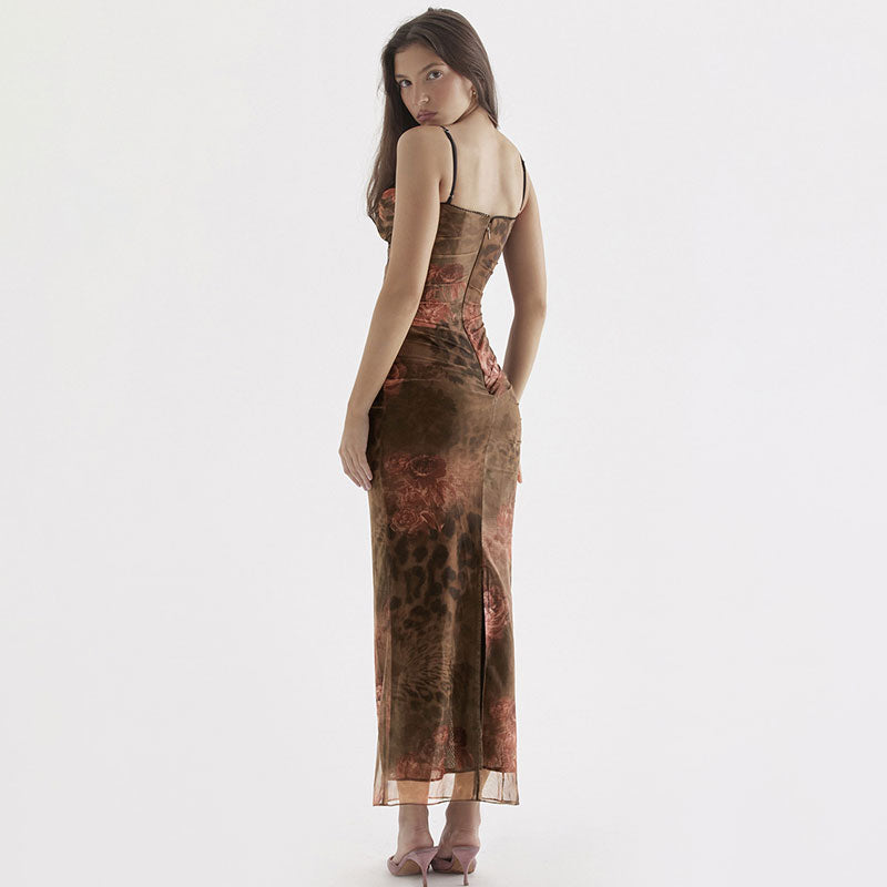 Spaghetti Strap Cowl Neck Ruched Mesh Floral Bodycon Maxi Dress