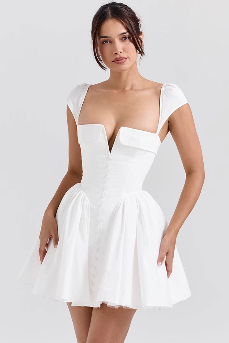 Vintage Folded V Neck Cap Sleeve Drop Waist Tulle Flared Party Mini Dress