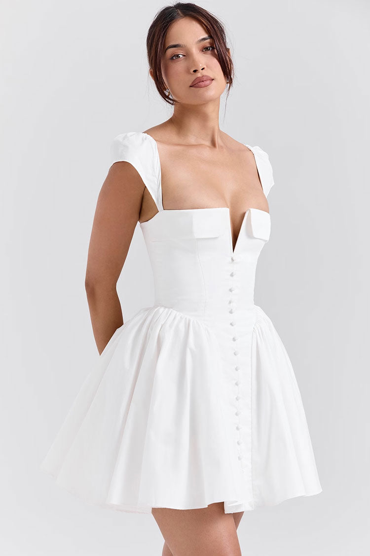 Vintage Folded V Neck Cap Sleeve Drop Waist Tulle Flared Party Mini Dress