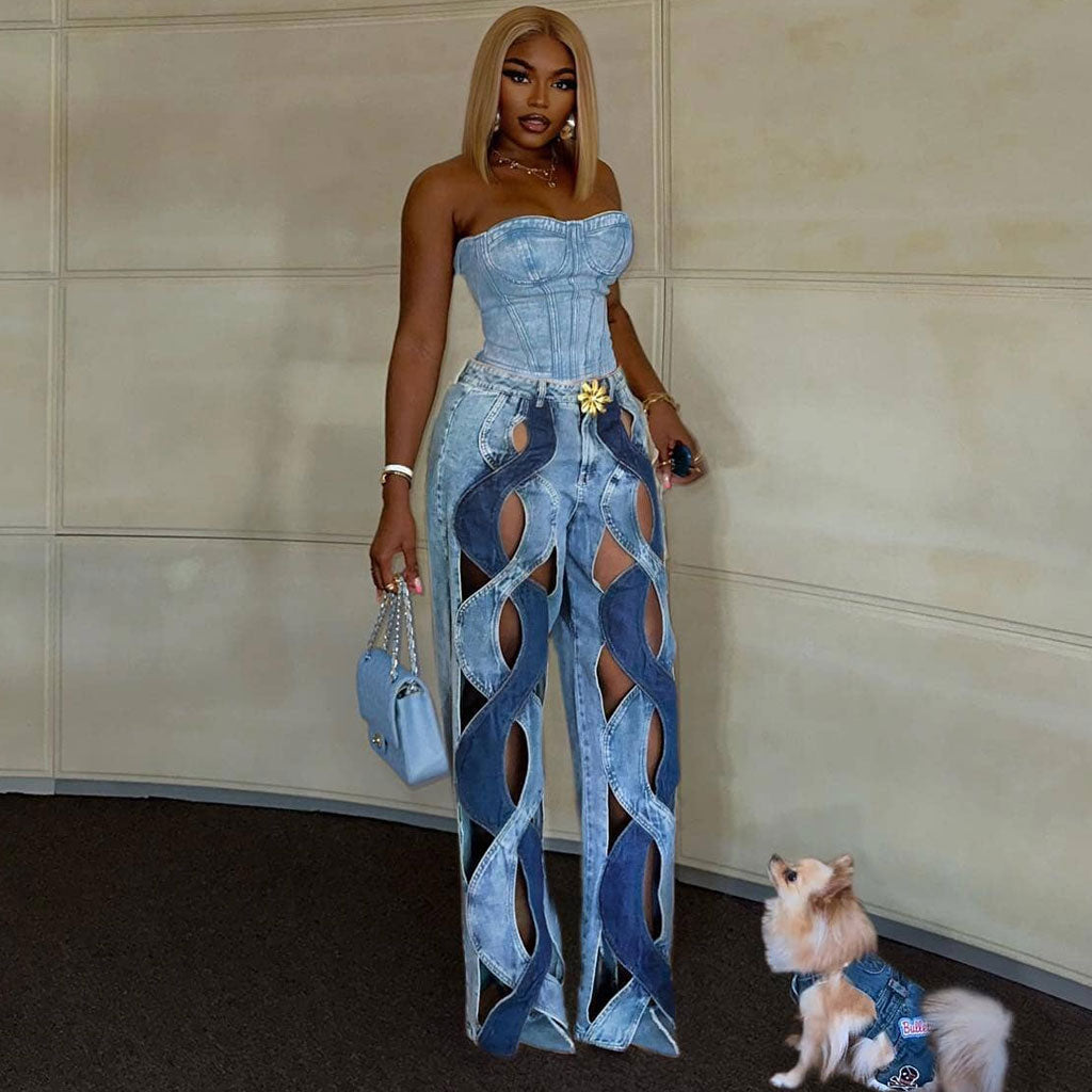 Vintage Golden FLower High Waist Wide Leg Bicolor Spiral CutOut Denim Jeans