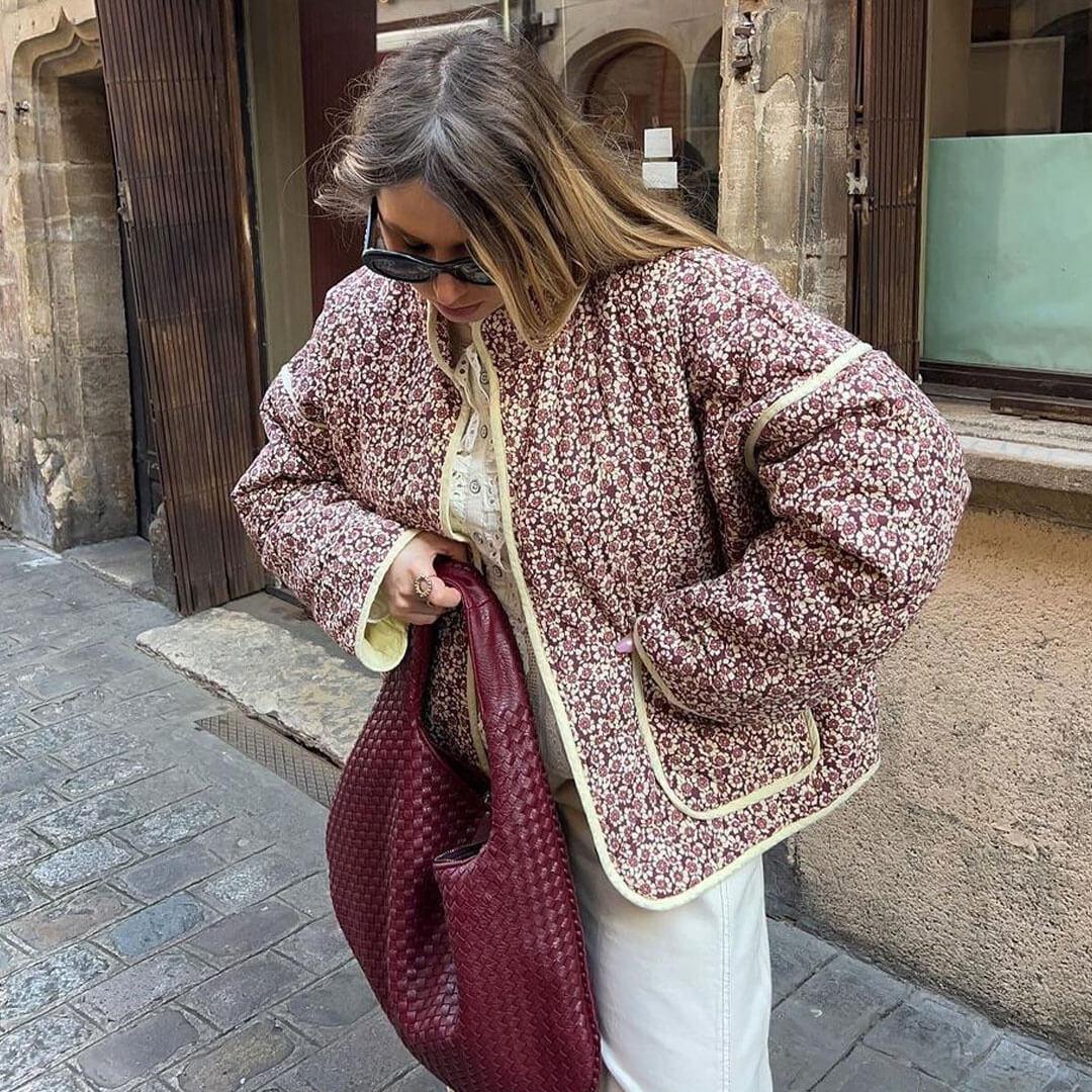 Vintage High Neck Drop Shoulder Contrast Trim Cargo Pocket Quilted Jacket