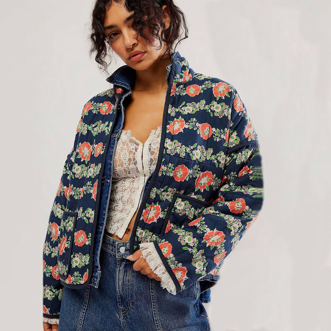 Vintage High Neck Drop Shoulder Contrast Trim Cargo Pocket Quilted Jacket